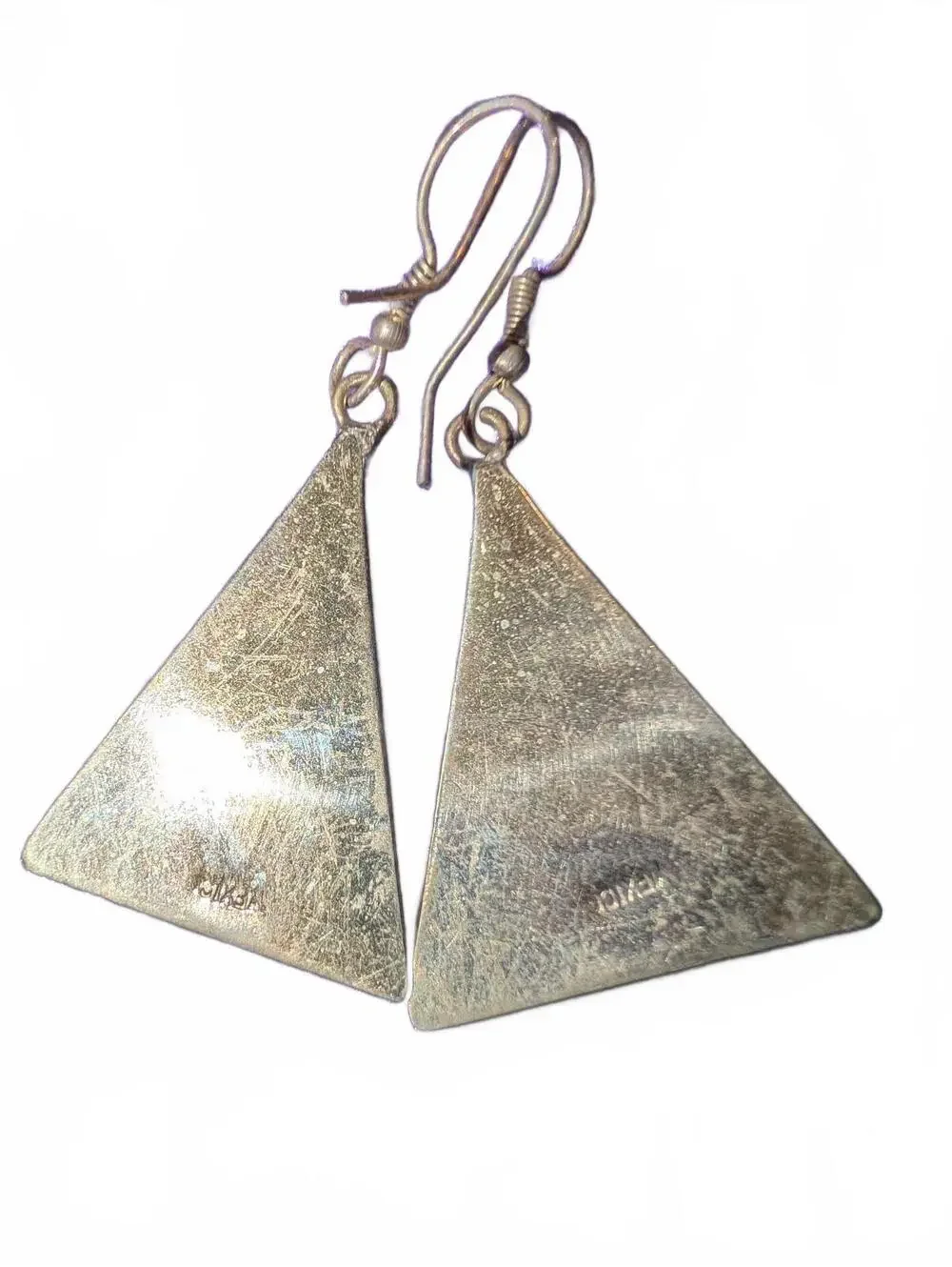 Vintage Alpaca Mexico Triangular Abalone Shell Dangle Earrings